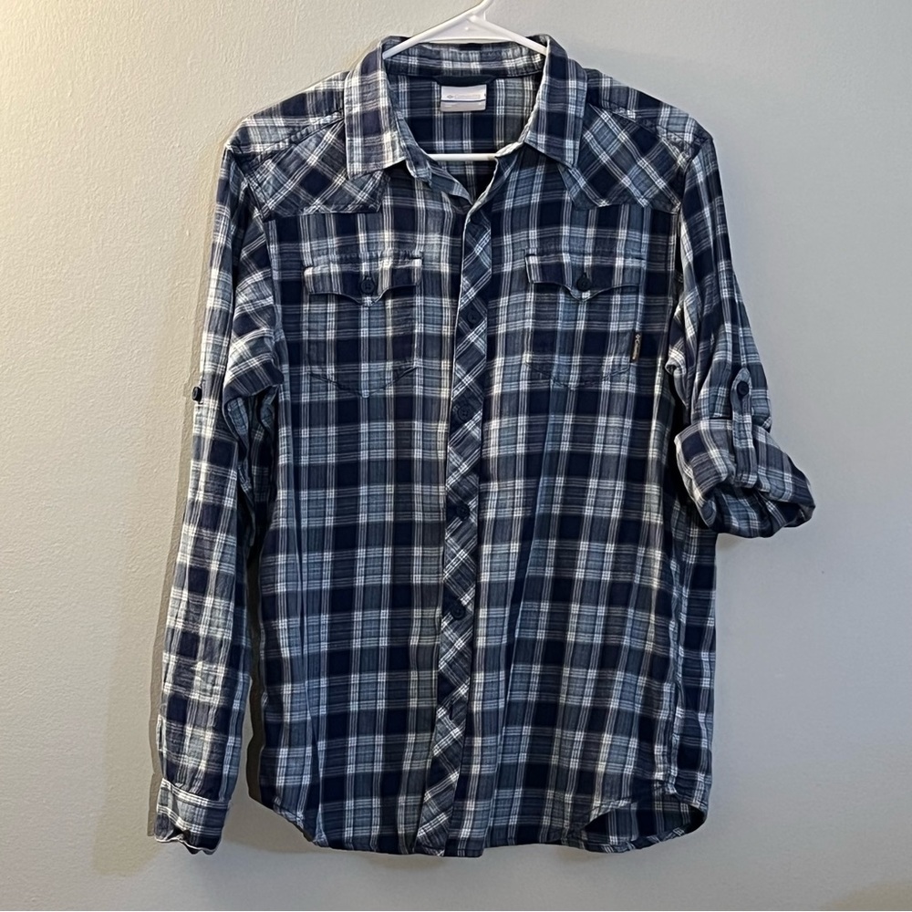 Columbia Lightweight Flannel Shirt Men Sz S Long Sleeve Blue Button Down Plaid